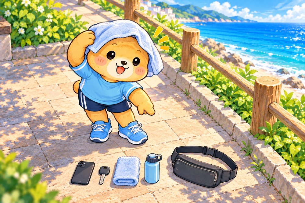タオルをかぶったまま小物を指さし確認するクマのナビ助