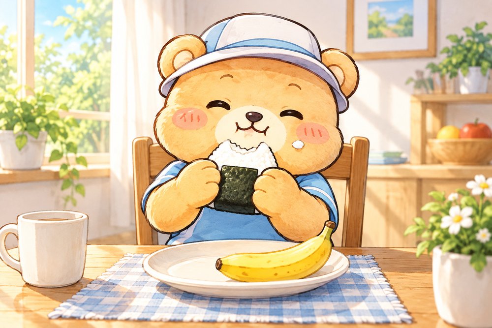 朝のテーブルでおにぎりをもぐもぐ食べるクマのナビ助