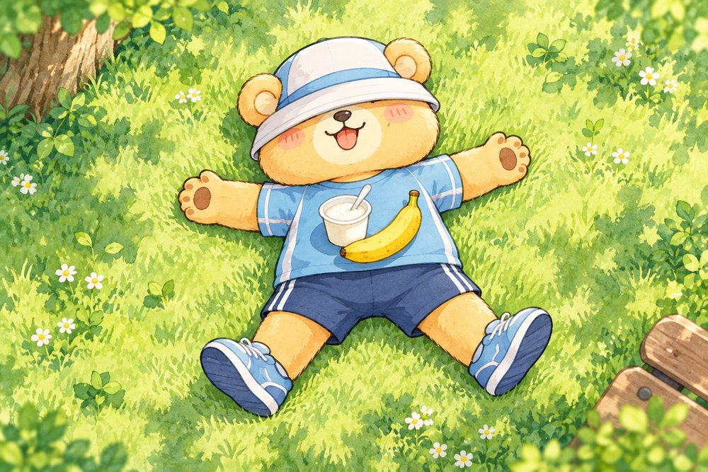 走り終えて芝生で大の字になるクマのナビ助