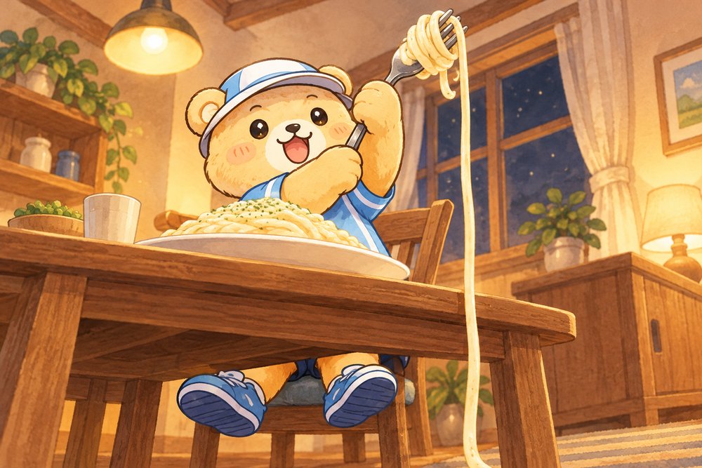 山盛りパスタを前にフォークをかかげるクマのナビ助
