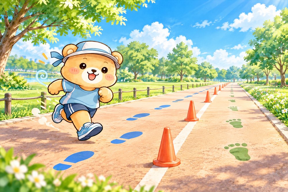 足跡のコースを元気にダッシュするクマのナビ助