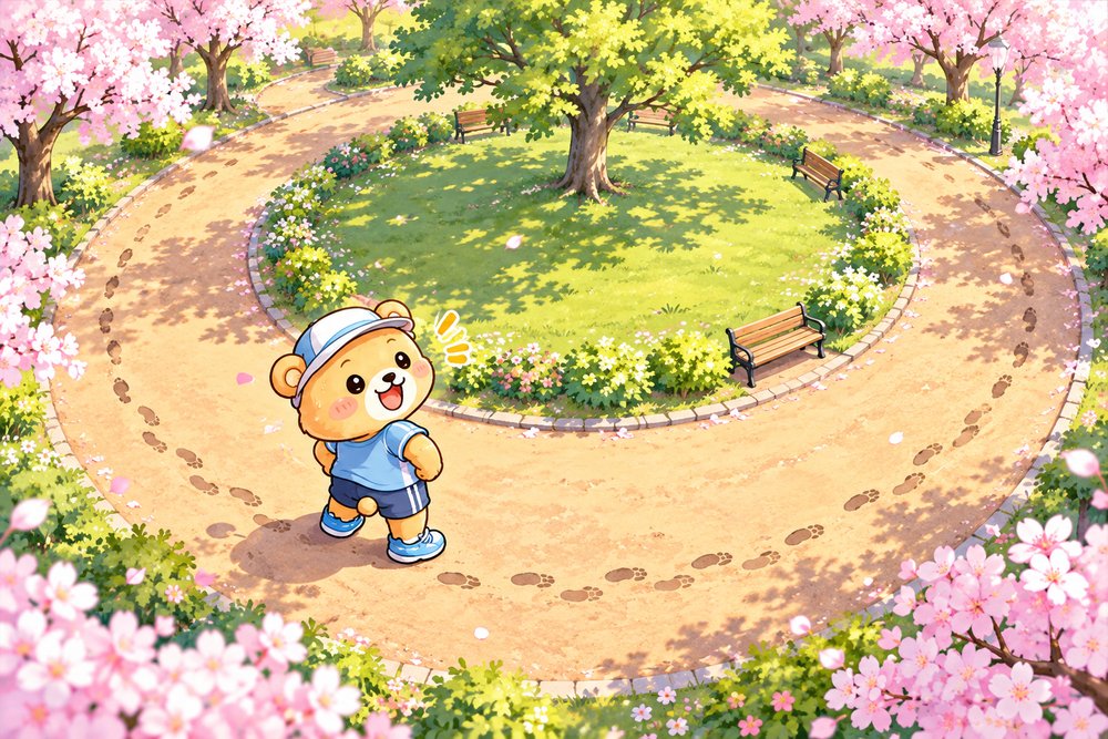 朝の円形の遊歩道を1周走り終えて振り返るクマのナビ助