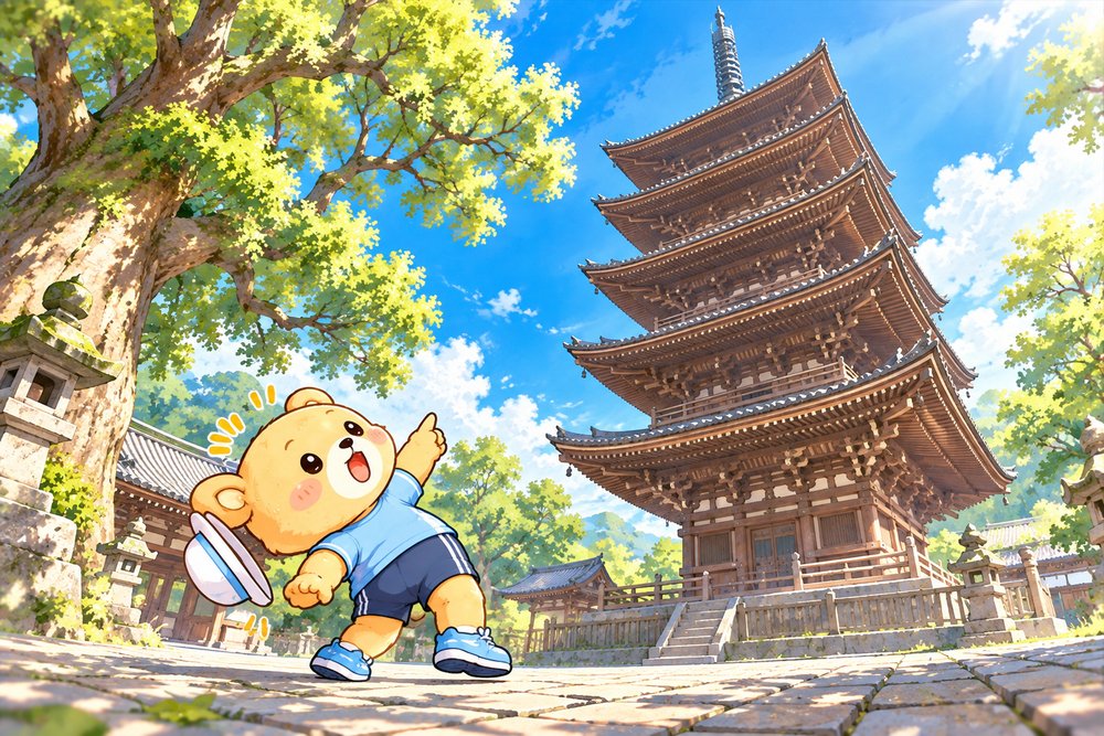 お寺の五重の塔を見上げてチェックポイントを数えるクマのナビ助