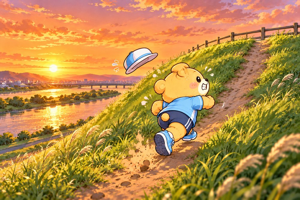 夕方の土手の坂を駆け上がるクマのナビ助