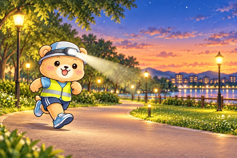反射ベストとライトで夕暮れのコースを走るクマのナビ助