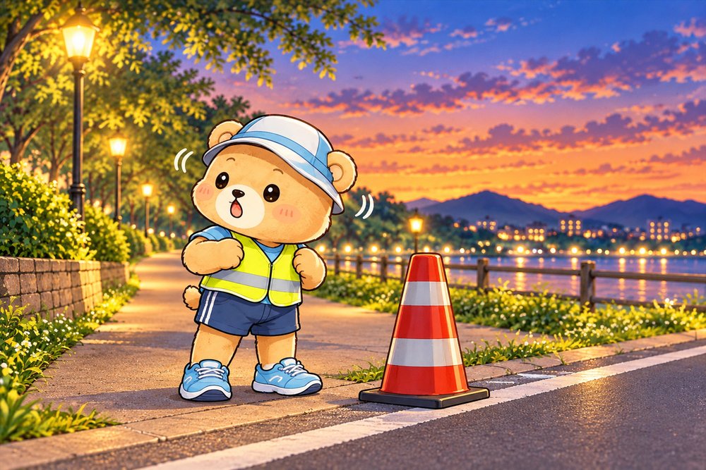 道ばたできょろきょろ安全確認するクマのナビ助