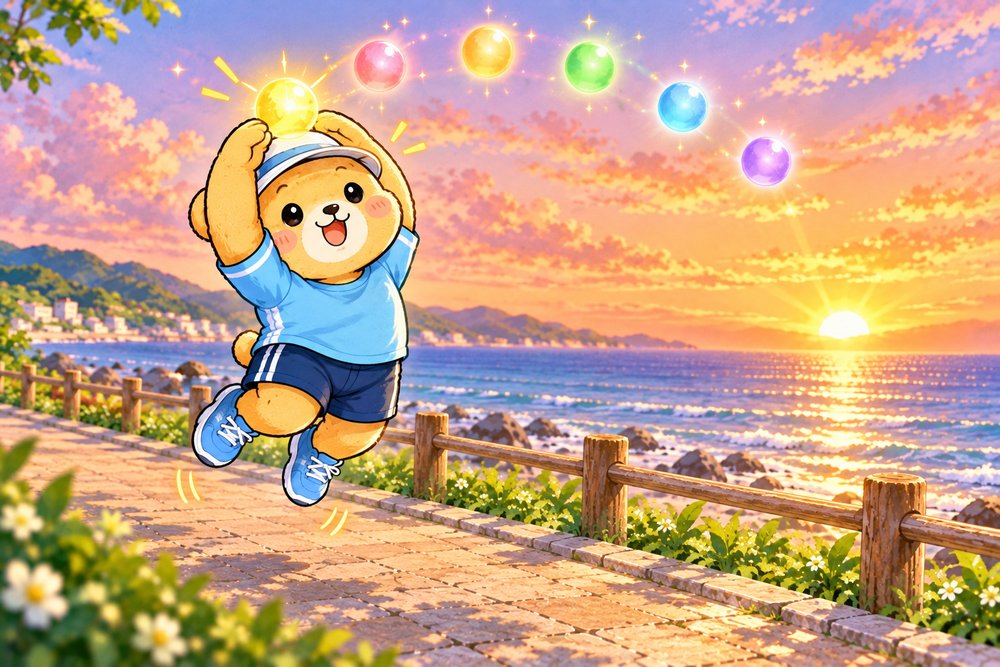 朝日の光の玉をつかまえてジャンプするクマのナビ助