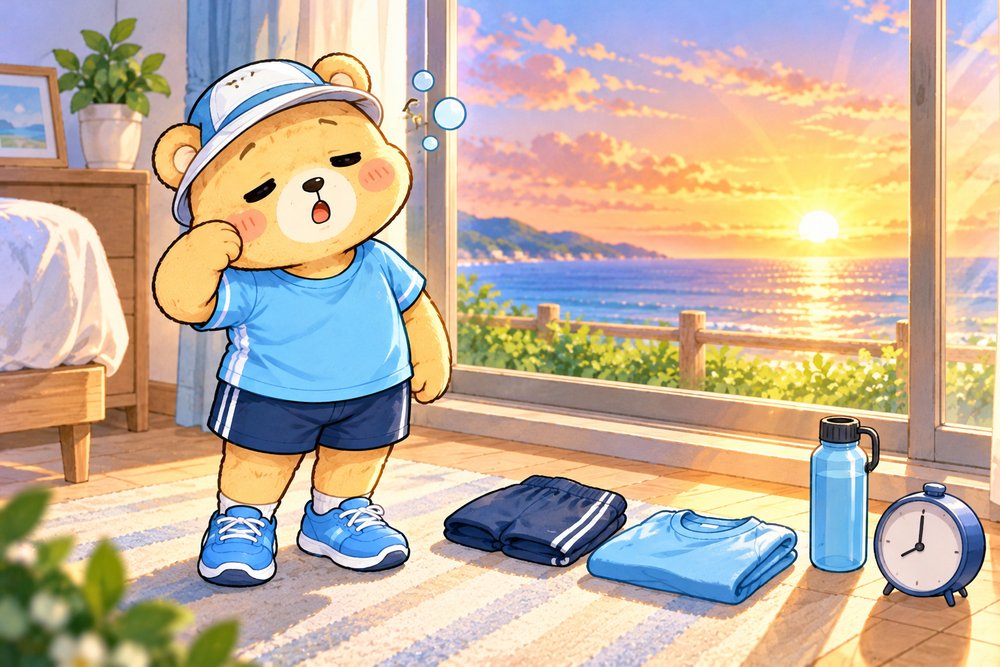 ウェアを着たままうとうとするクマのナビ助