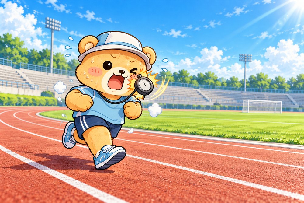朝のトラックでインターバル走に挑戦するクマのナビ助