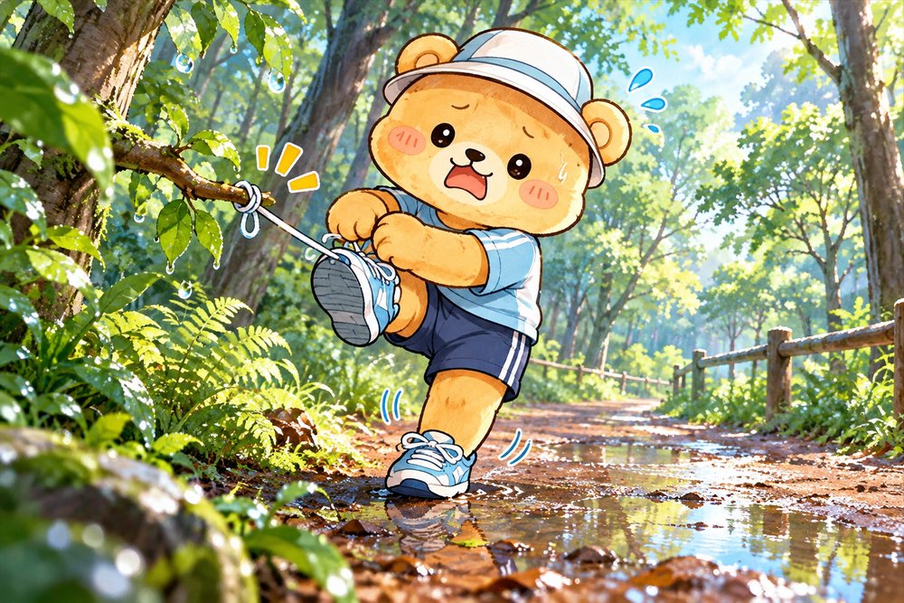 雨上がりの森の道で靴ひもをなおすクマのナビ助