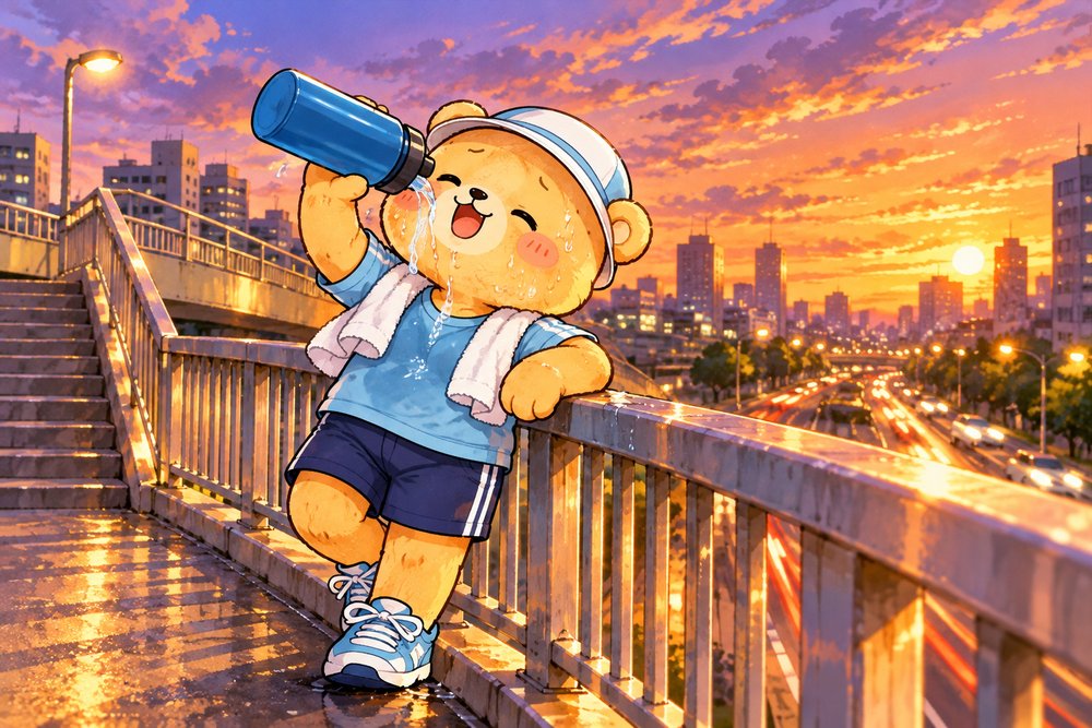 夕暮れの歩道橋で水を飲んで休むクマのナビ助