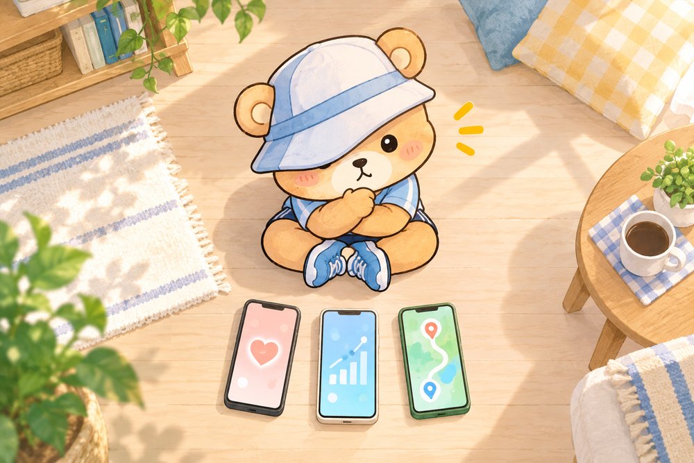 3つのスマホを並べて見くらべるクマのナビ助