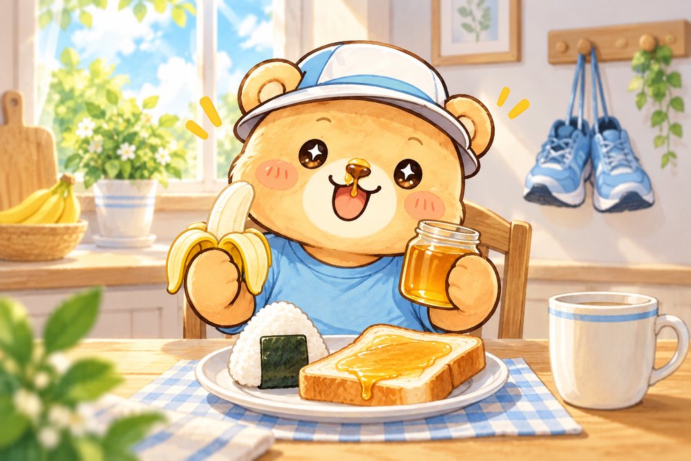 走る前にバナナとはちみつトーストを食べるクマのナビ助