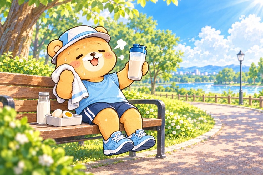 走り終わってベンチでドリンクを飲むクマのナビ助