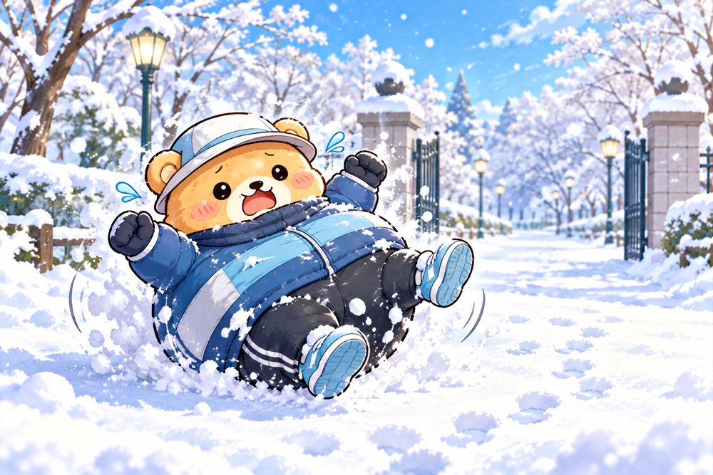 雪の公園の入口で重ね着しすぎて転がるクマのナビ助