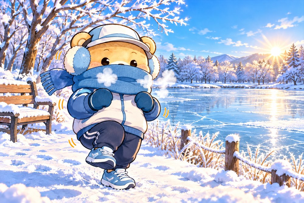 凍った池のほとりで防寒小物を身につけるクマのナビ助