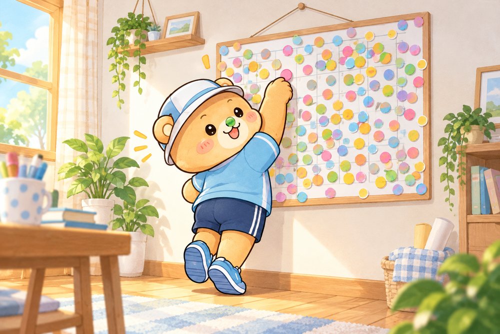 ボードにシールを貼ってトレーニング計画を立てるクマのナビ助