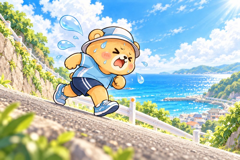 息を切らして坂道を駆け上がるクマのナビ助