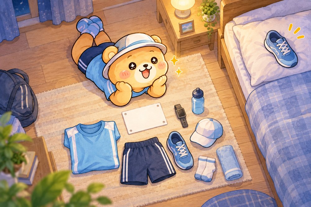 大会前夜に装備を並べて眺めるクマのナビ助