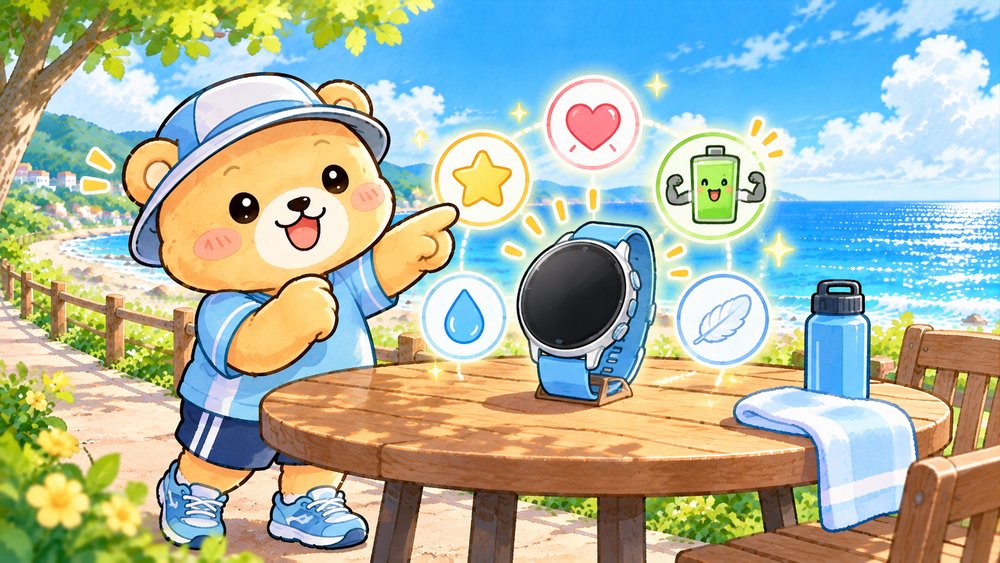 5つの機能アイコンに囲まれた時計をなぞって確かめるクマのナビ助