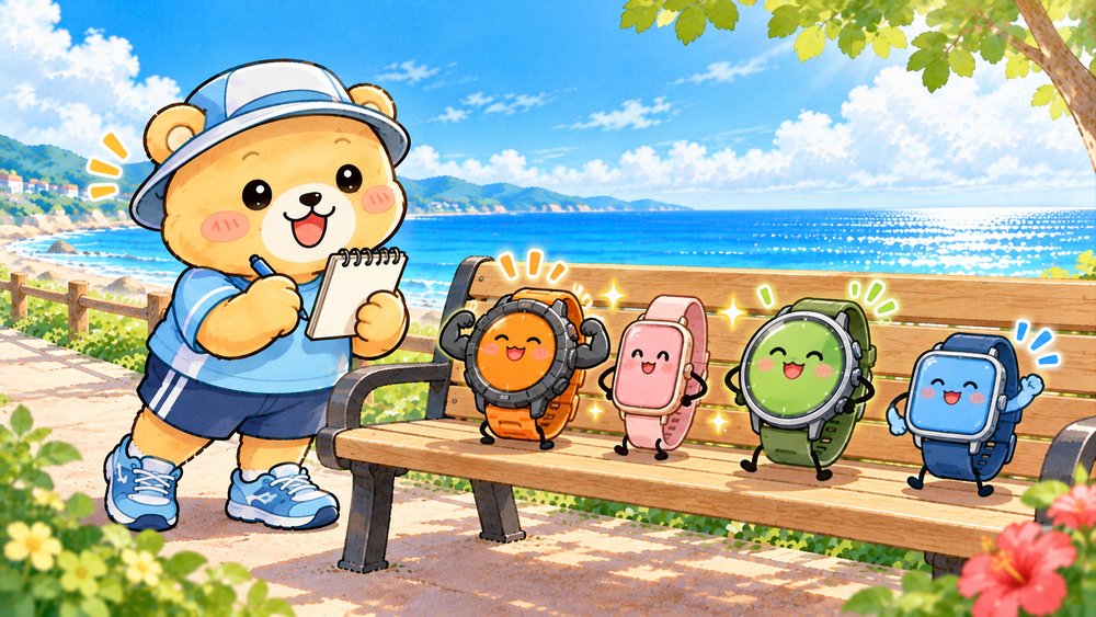 ベンチに並んだ4つの個性ある時計に耳を傾けるクマのナビ助
