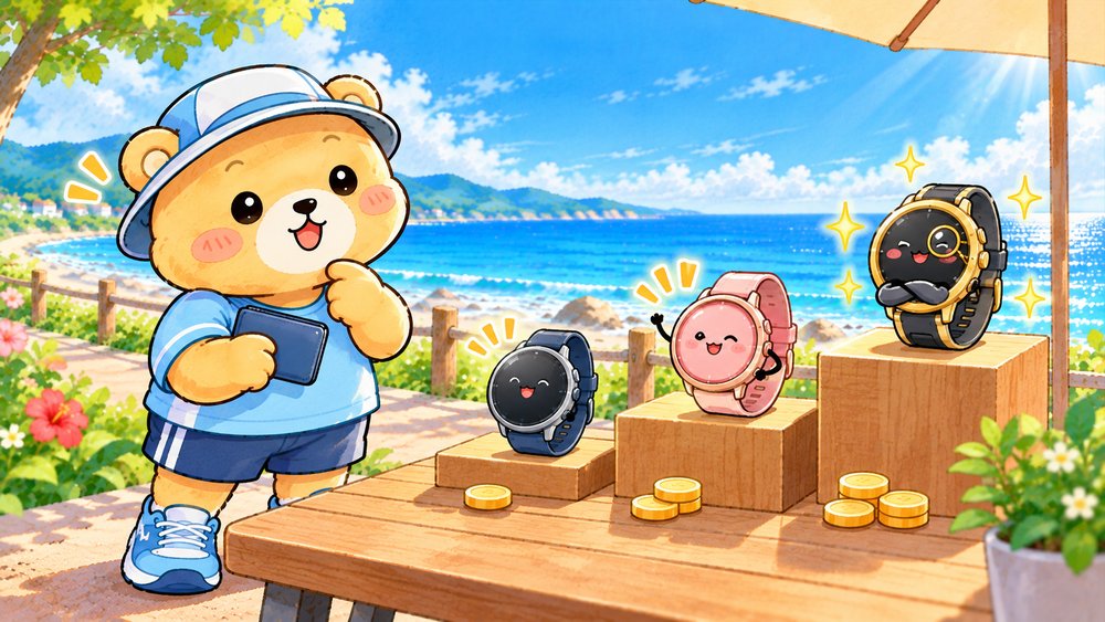 予算に合う中くらいの台の時計を選ぼうとするクマのナビ助