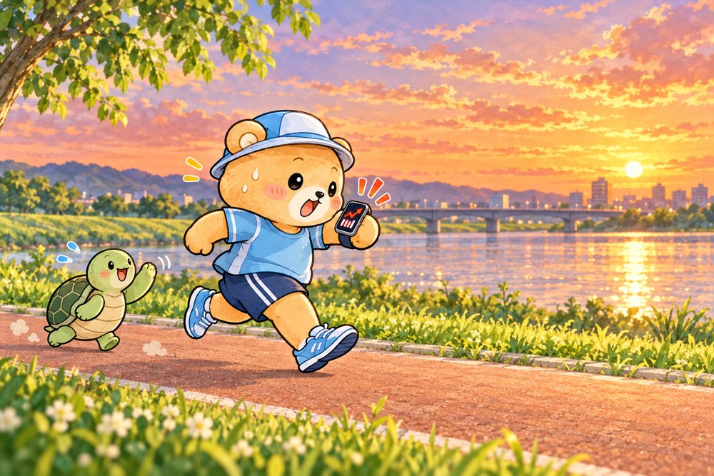 腕時計のペースのお知らせに驚くクマのナビ助