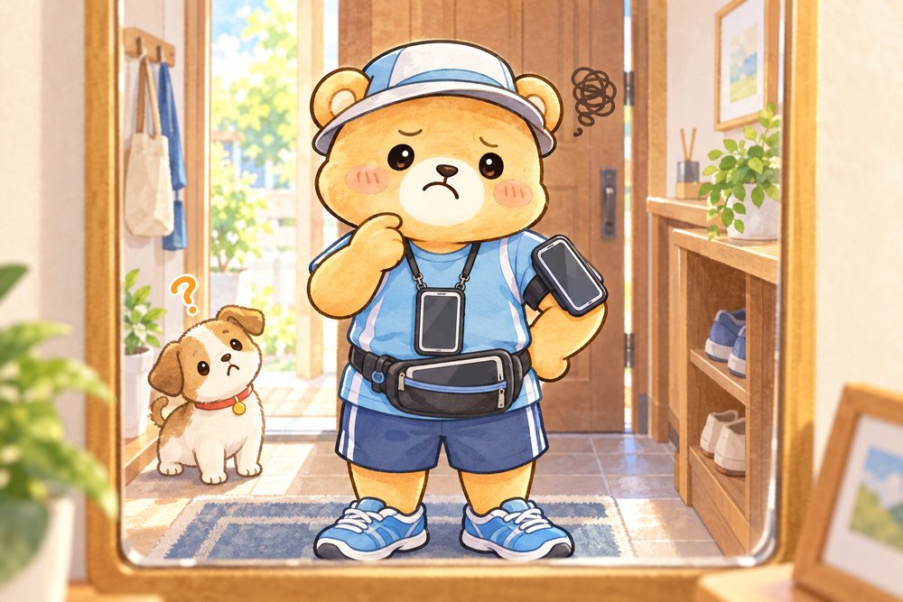 スマホの持ち運び方を鏡の前で試すクマのナビ助