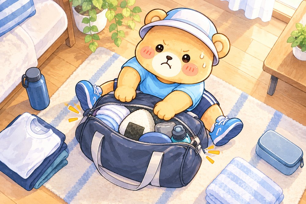ランニングステーションに持っていく荷物をバッグに詰めるクマのナビ助