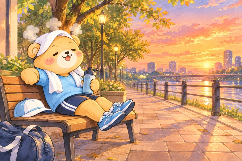 ランのあとシャワーでさっぱりしてベンチでひと休みするクマのナビ助