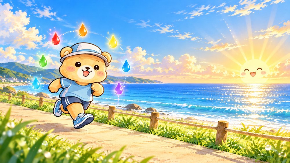 朝日に向かって光のしずくの中を走るクマのナビ助