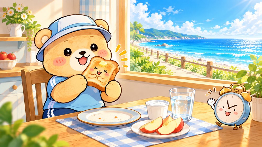 朝ラン前にトーストを食べようとするクマのナビ助