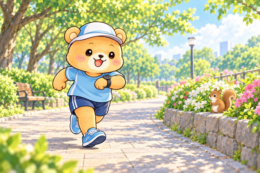 公園の遊歩道をゆっくりしたペースで走るクマのナビ助