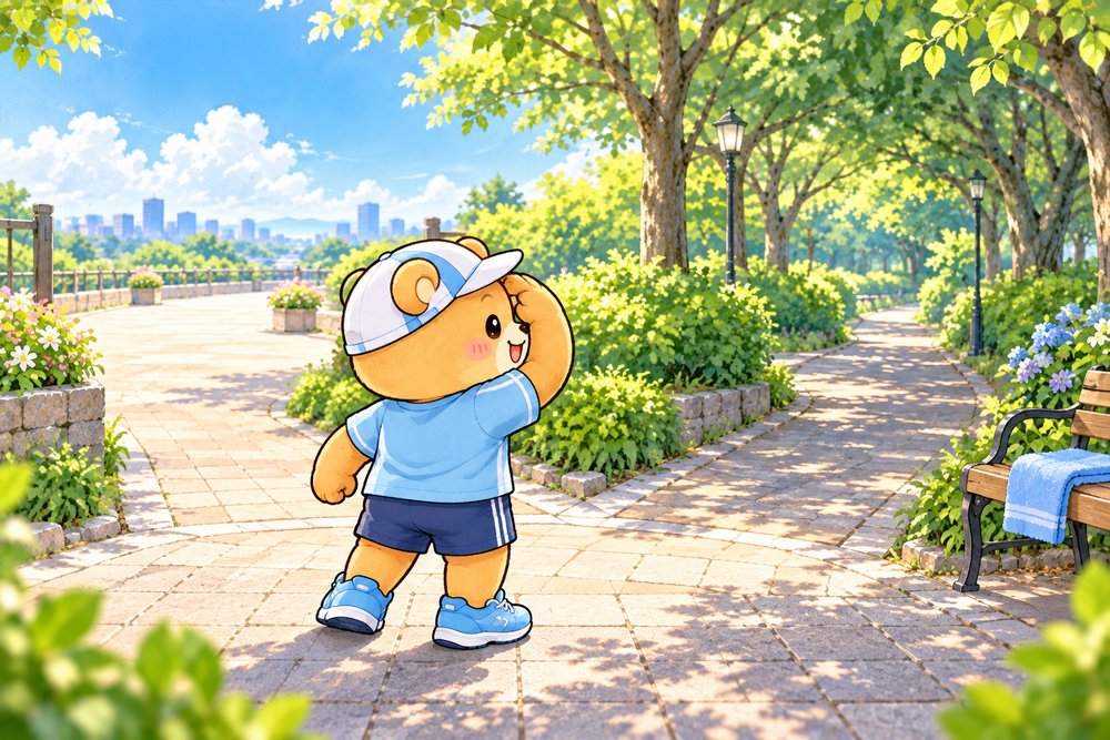 公園の分かれ道でどちらを走るか考えるクマのナビ助