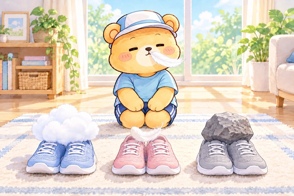 3足のシューズの特徴を雲と羽と石でたしかめるクマのナビ助