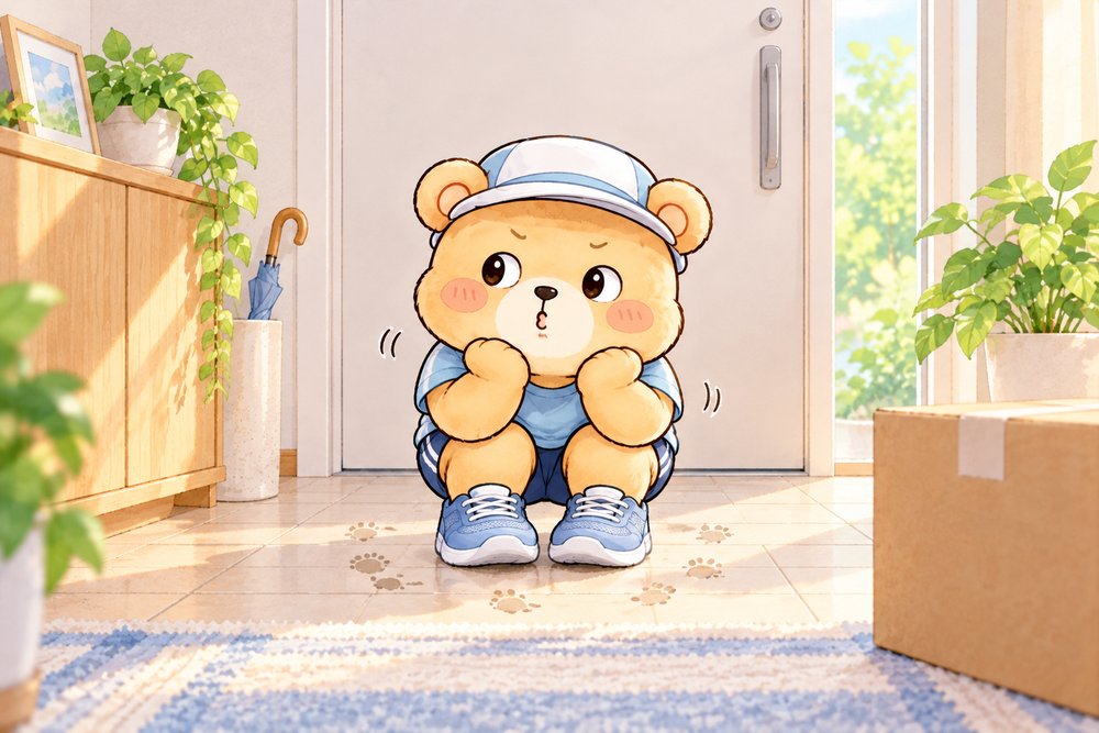 玄関で荷物が届くのをそわそわ待つクマのナビ助