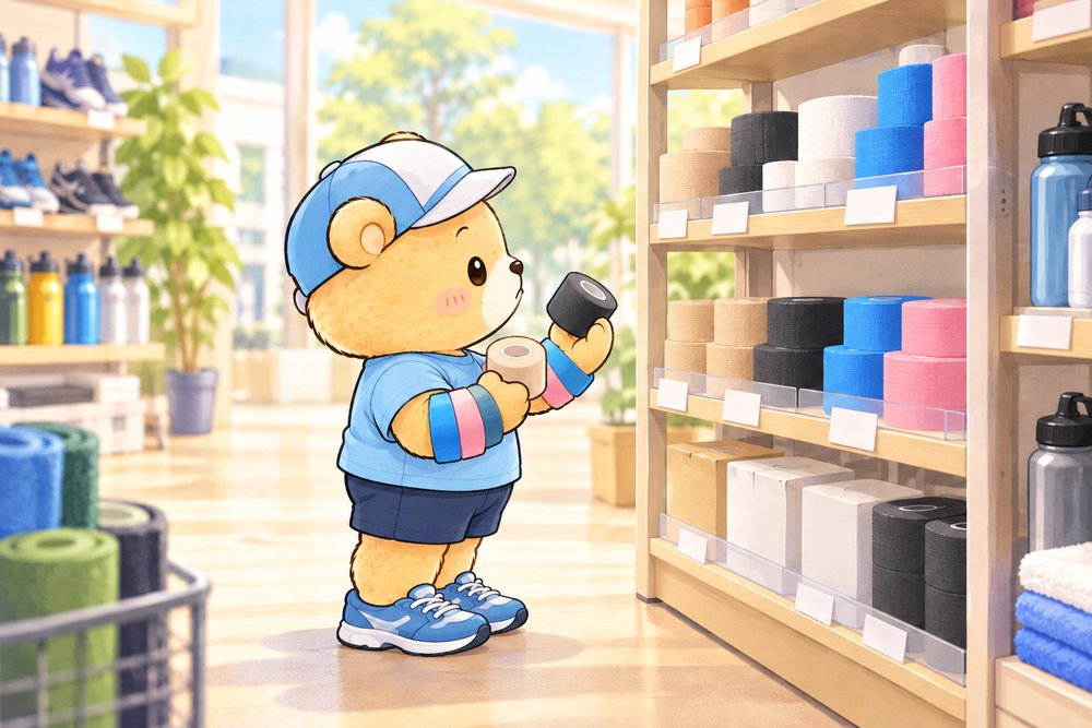 お店でテーピングテープを選ぶクマのナビ助