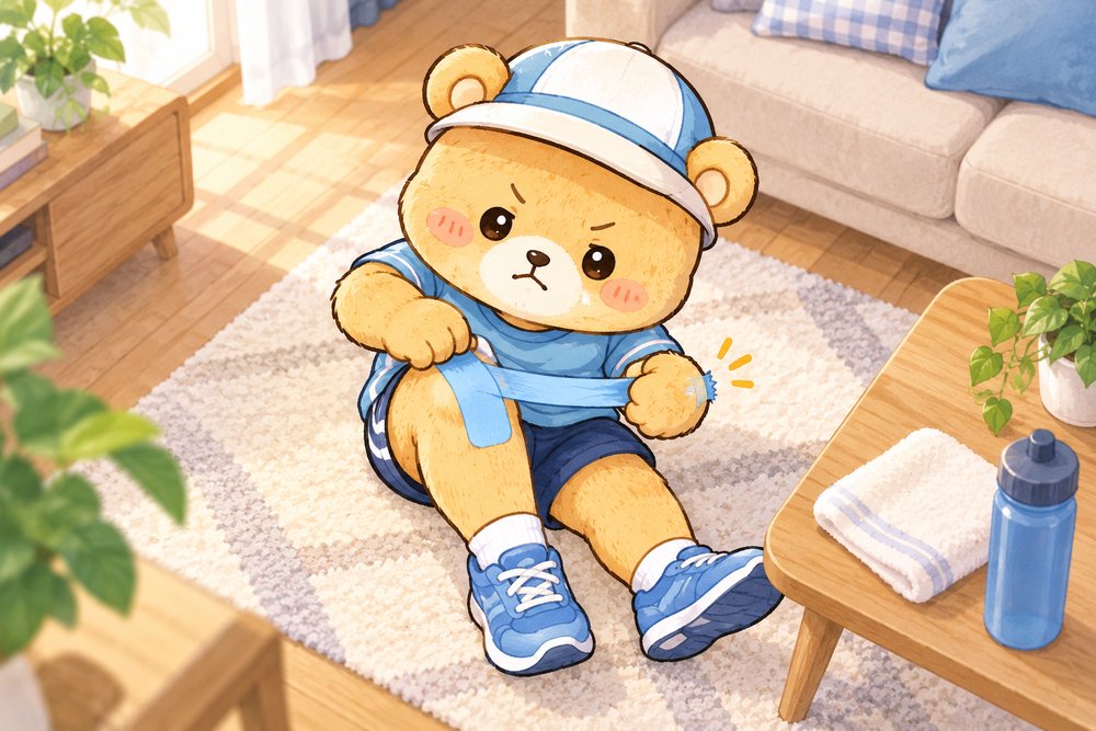 ひざにテーピングを貼るクマのナビ助