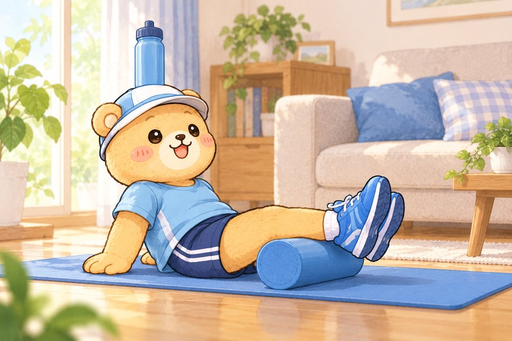 フォームローラーでふくらはぎをほぐすクマのナビ助