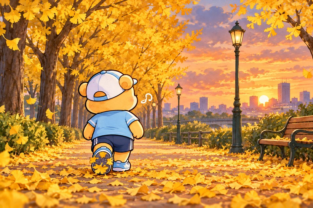 いちょう並木を後ろ姿でのんびり歩くクマのナビ助