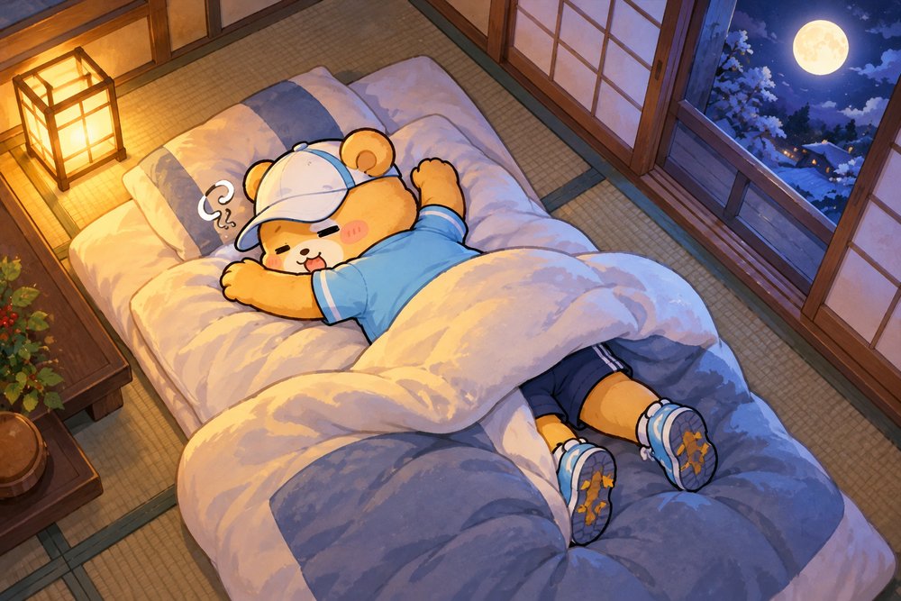 和室の布団でぐったり寝ころぶクマのナビ助