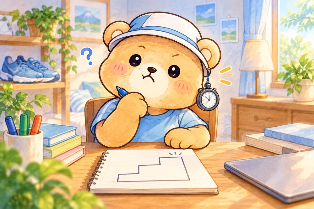 メモ帳に階段を描いて初マラソンの目標を考えるクマのナビ助