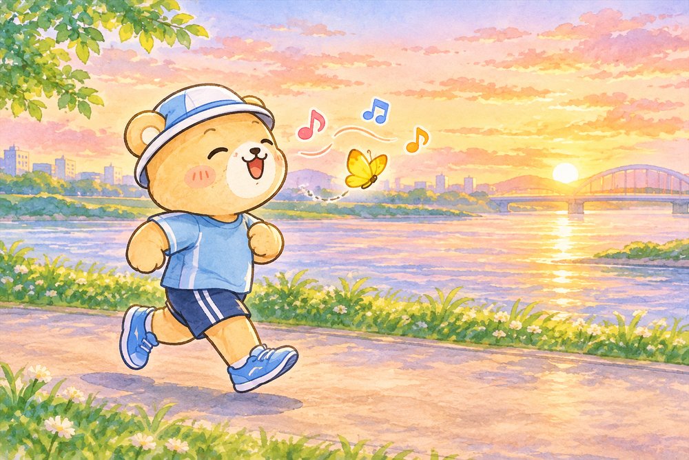 朝焼けの川沿いをゆっくりジョギングするクマのナビ助