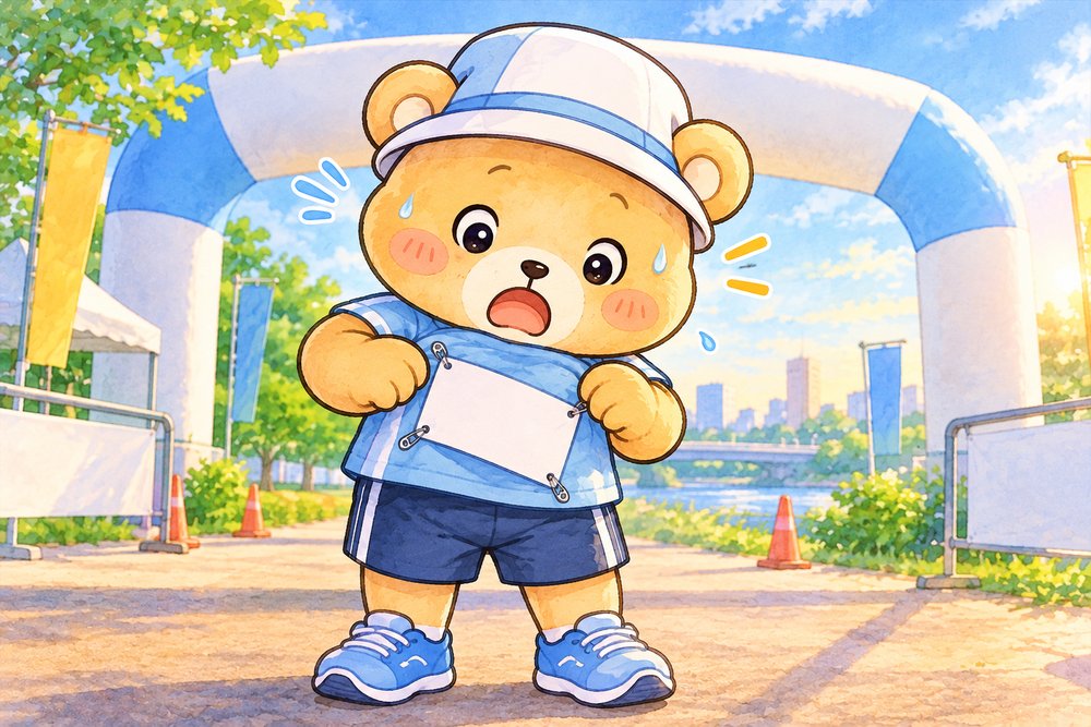 レース当日にゼッケンを逆さに留めてあわてるクマのナビ助