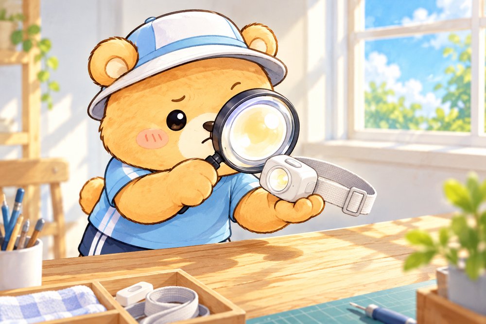 虫めがねでヘッドライトの細部を確かめるクマのナビ助