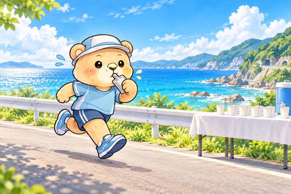 海沿いのコースを走りながらジェルで補給するくまのナビ助