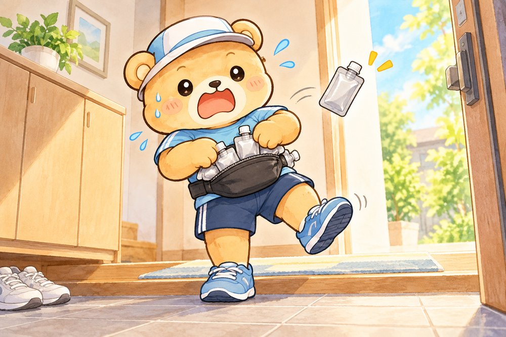 ウエストポーチにジェルを詰めすぎてあわてるくまのナビ助