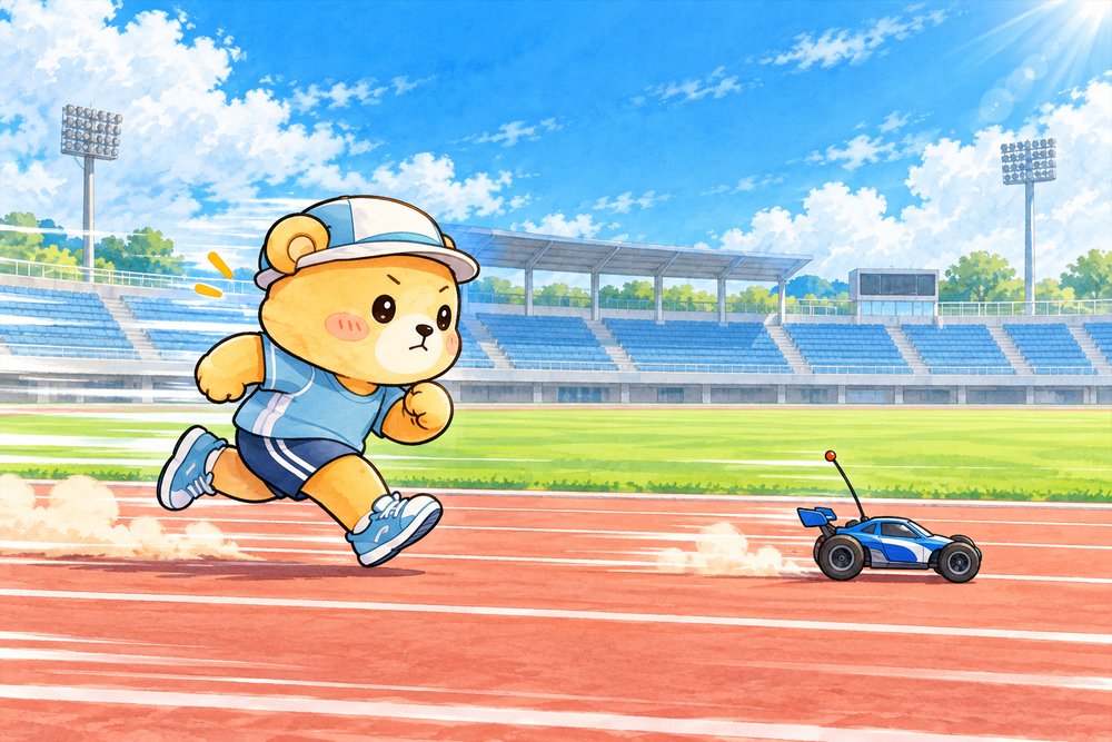 ラジコンカーを追いかけてペース走をするクマのナビ助