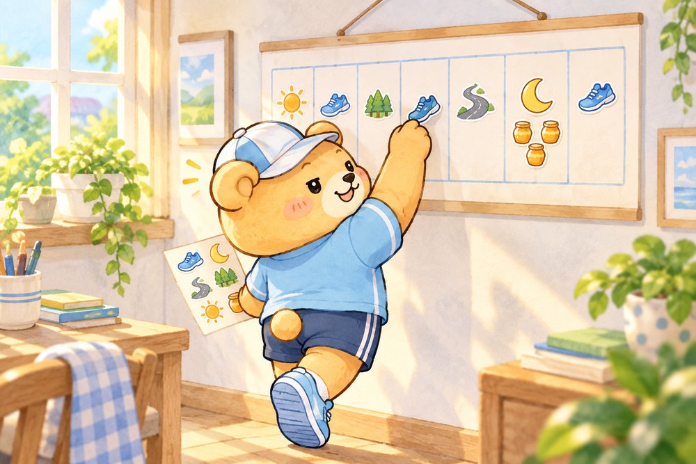 お休みの日にはちみつシールを貼って予定を組むクマのナビ助