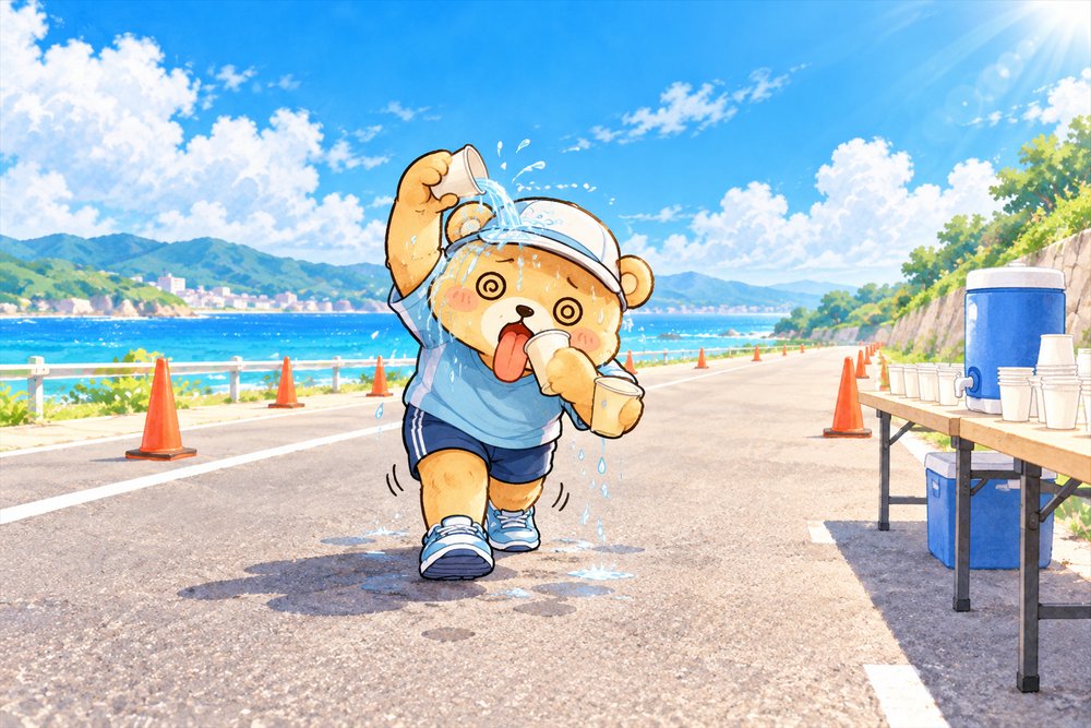 前半に飛ばしすぎてヘロヘロで給水するクマのナビ助